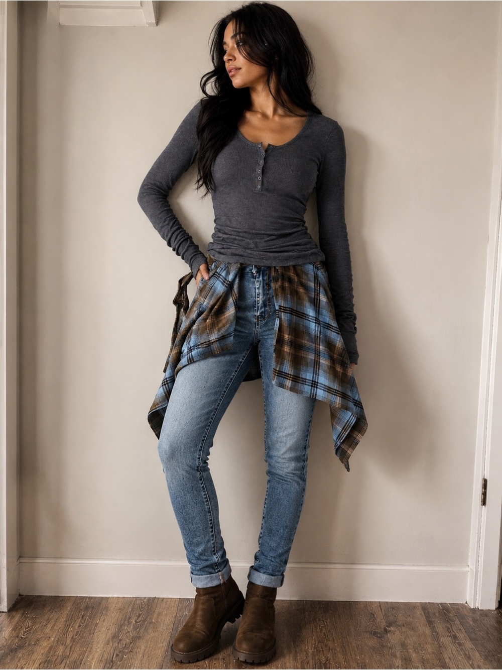 Classic Light Wash Ankle Jeans with Plaid Wrap Overlay